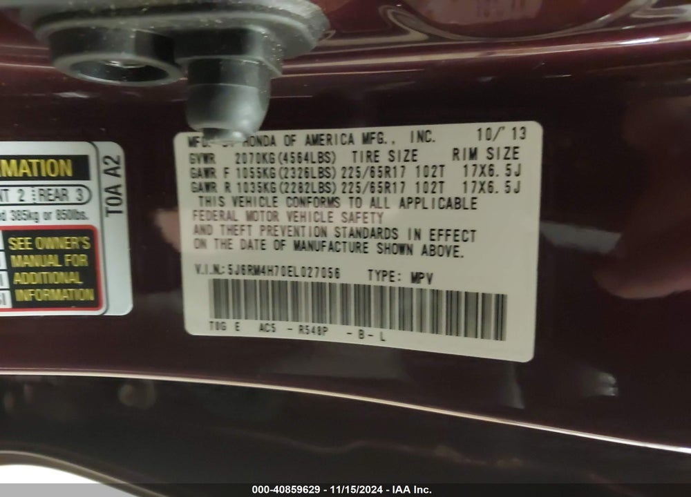 2014 HONDA CR-V EX-L VIN: 5J6RM4H70EL027056
