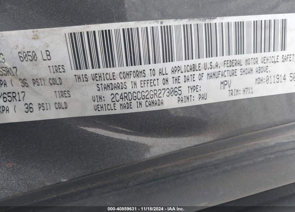 2016 DODGE GRAND CARAVAN VIN: 2C4RDGCG2GR273065