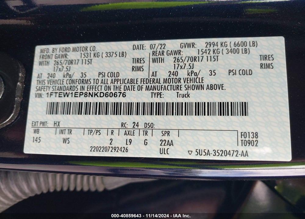 2022 FORD F-150 XL VIN: 1FTEW1EP8NKD60676