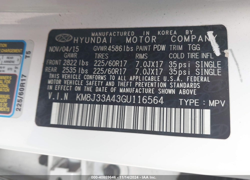 2016 HYUNDAI TUCSON SE VIN: KM8J33A43GU116564