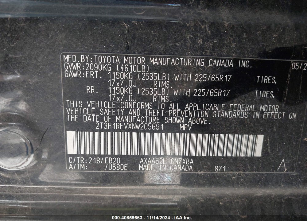 2022 TOYOTA RAV4 VIN: 2T3H1RFVXNW205691