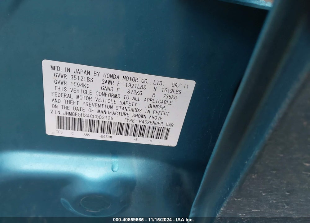 2012 HONDA FIT VIN: JHMGE8H34CC003126