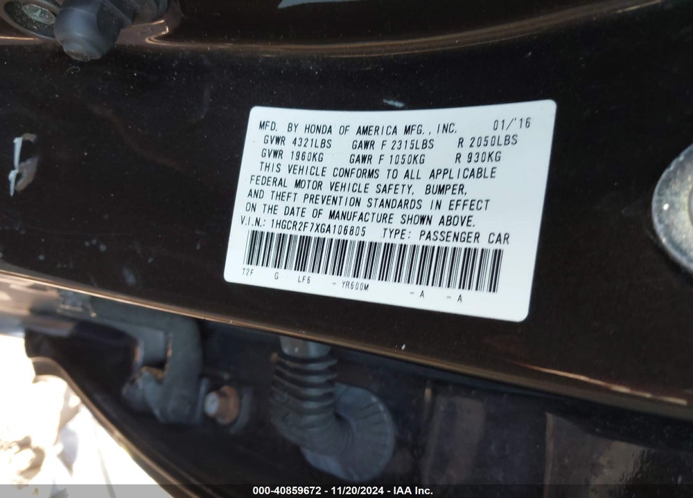 2016 HONDA ACCORD EX VIN: 1HGCR2F7XGA106805