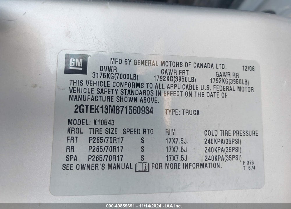 2007 GMC SIERRA 1500 SLE1 VIN: 2GTEK13M871560934