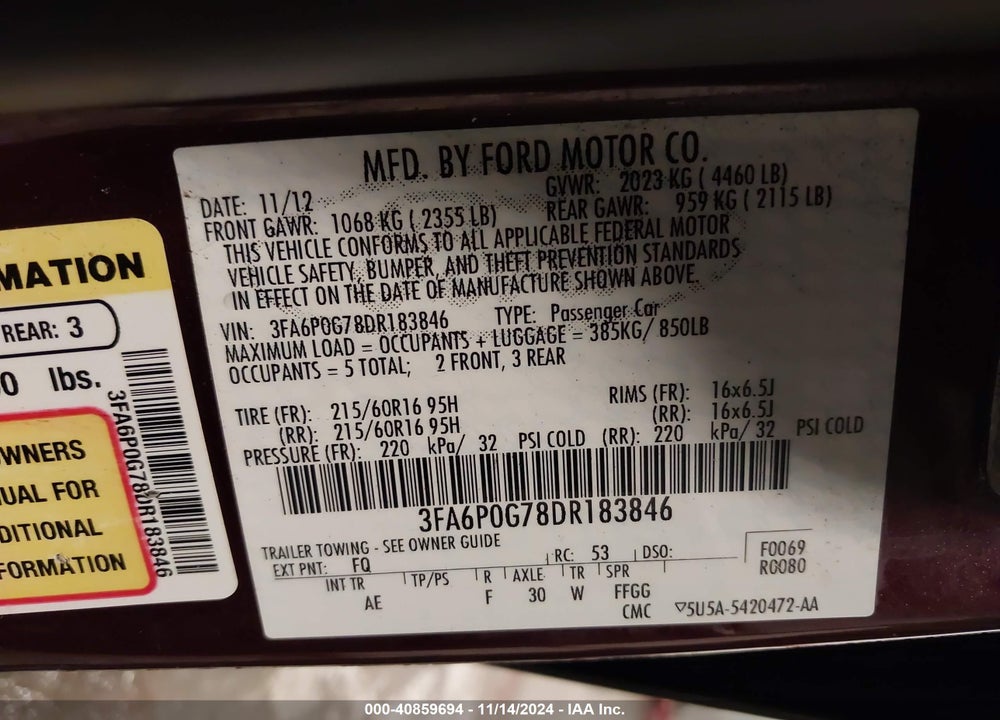 2013 FORD FUSION S VIN: 3FA6P0G78DR183846