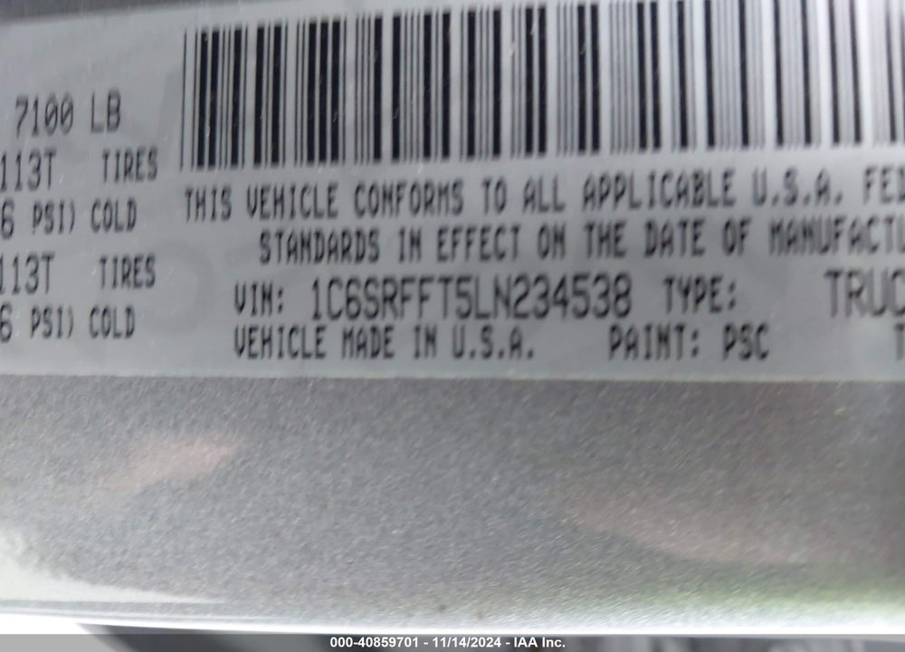2020 RAM 1500 VIN: 1C6SRFFT5LN234538