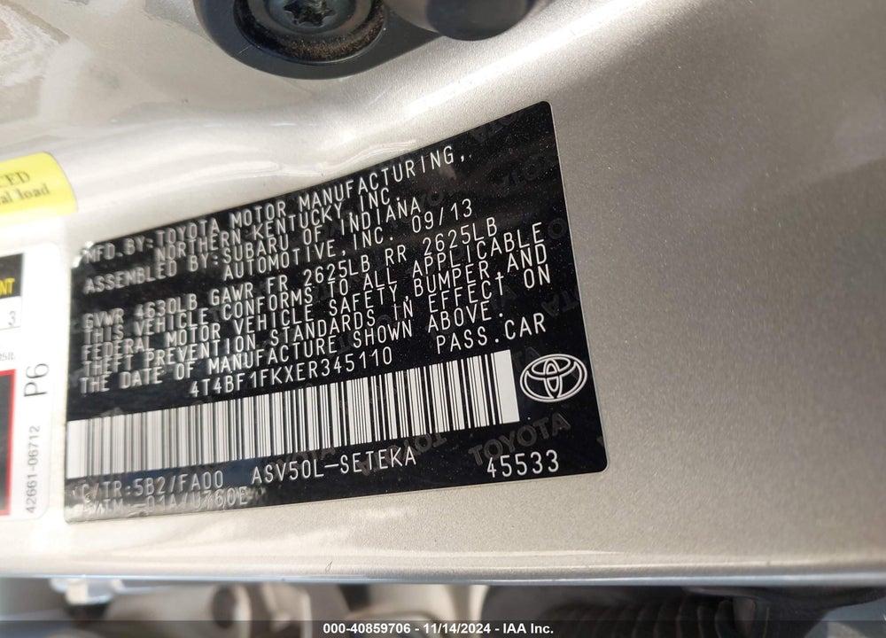 2014 TOYOTA CAMRY L VIN: 4T4BF1FKXER345110