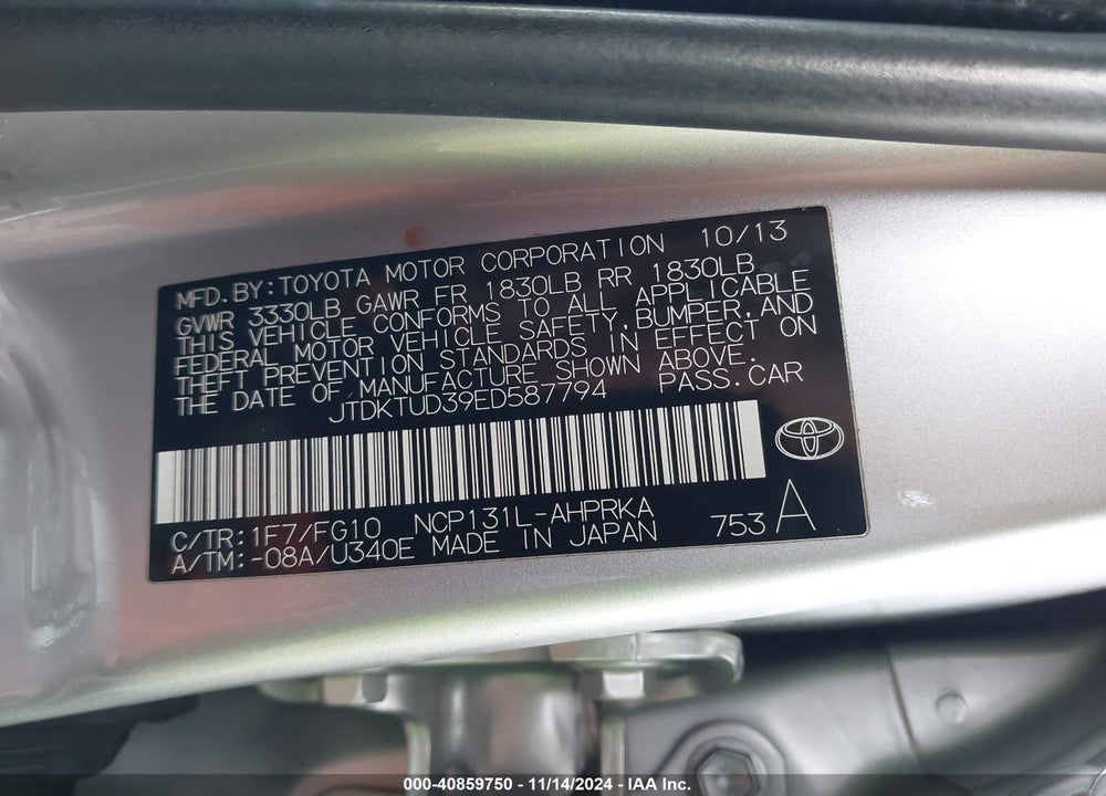 2014 TOYOTA YARIS LE (TMC/CBU PLANT) VIN: JTDKTUD39ED587794