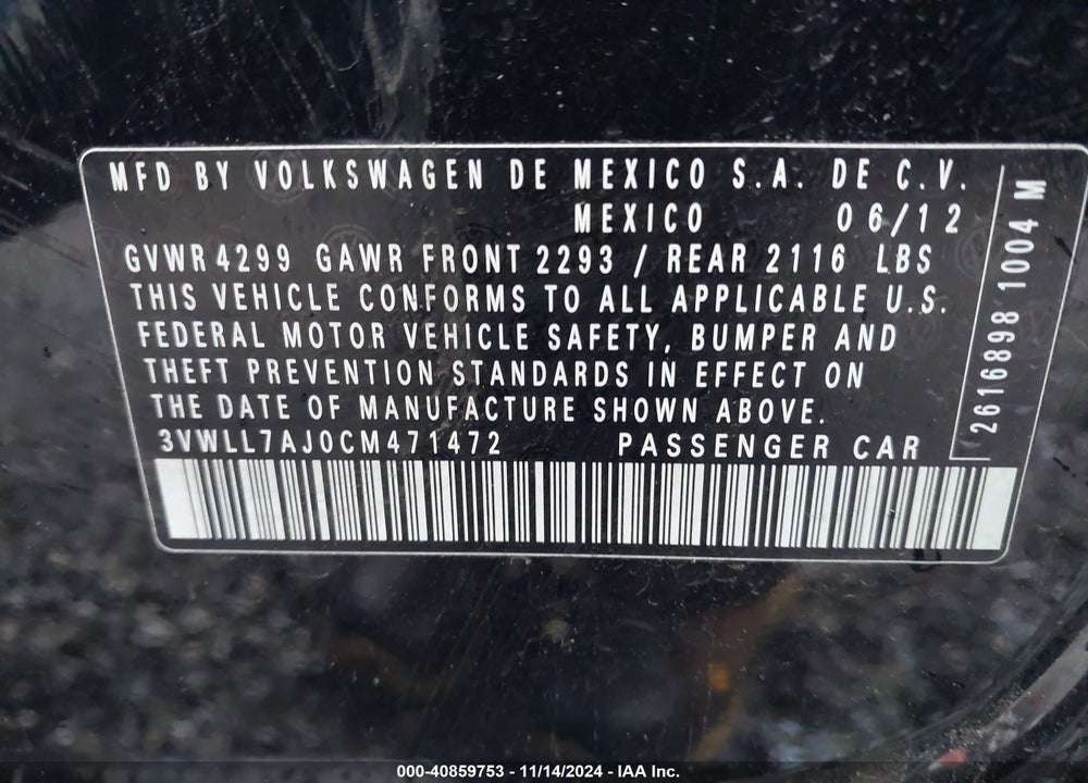 2012 VOLKSWAGEN JETTA 2.0L TDI VIN: 3VWLL7AJ0CM471472