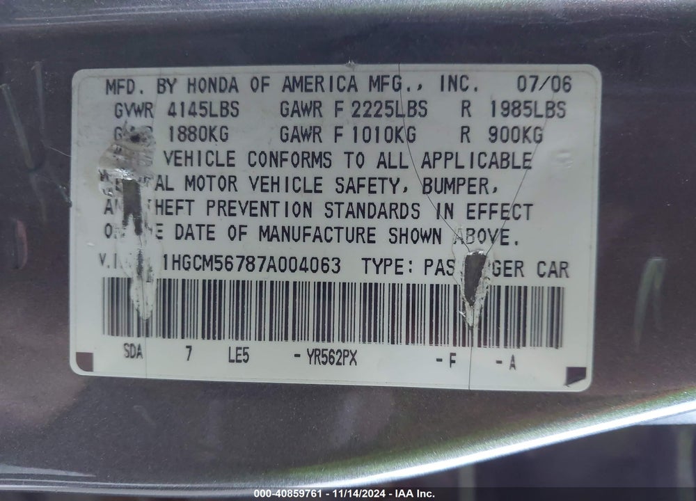 2007 HONDA ACCORD 2.4 EX VIN: 1HGCM56787A004063