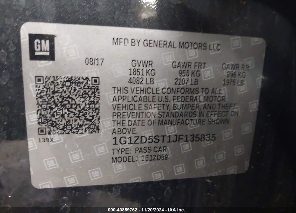 2018 CHEVROLET MALIBU LT VIN: 1G1ZD5ST1JF135835