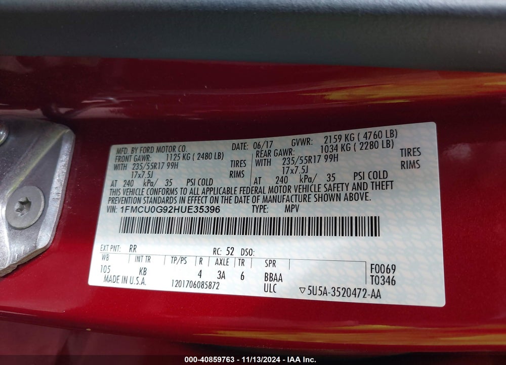 2017 FORD ESCAPE SE VIN: 1FMCU0G92HUE35396