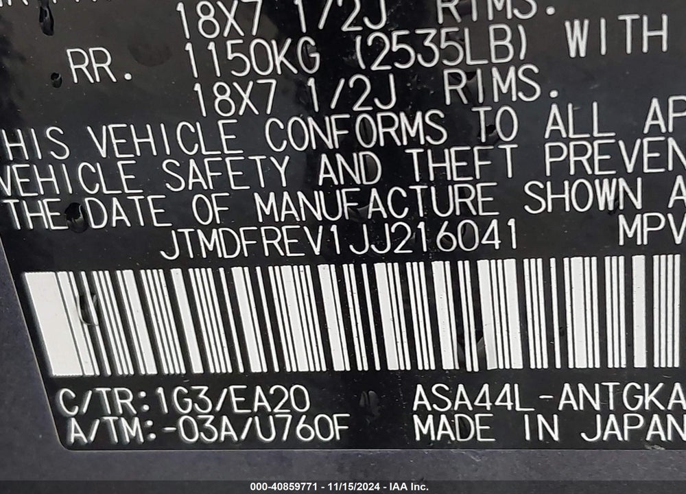 2018 TOYOTA RAV4 LIMITED VIN: JTMDFREV1JJ216041