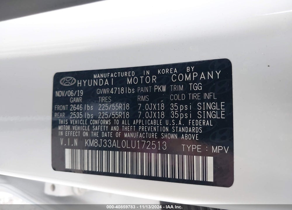 2020 HYUNDAI TUCSON SEL VIN: KM8J33AL0LU172513