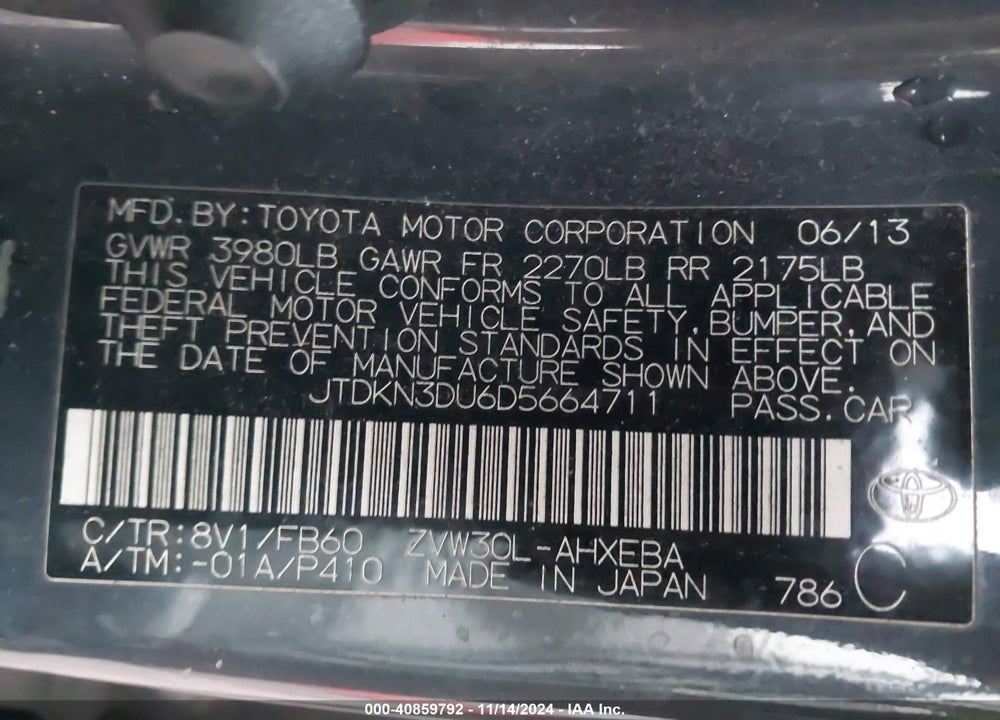 2013 TOYOTA PRIUS TWO VIN: JTDKN3DU6D5664711
