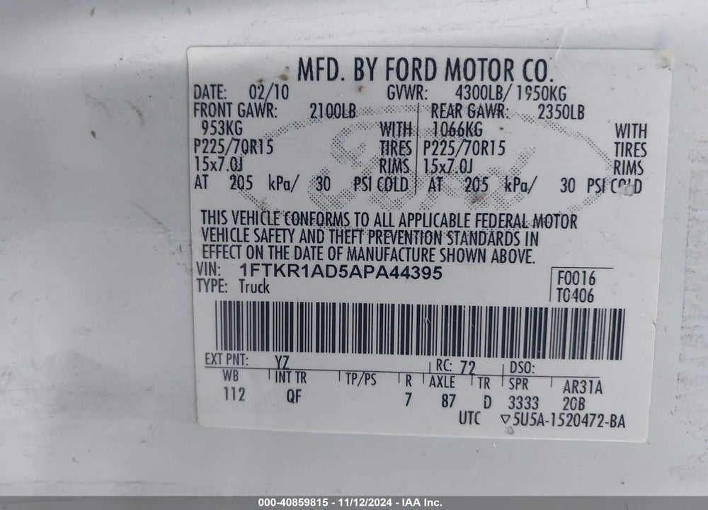 2010 FORD RANGER XL/XLT VIN: 1FTKR1AD5APA44395