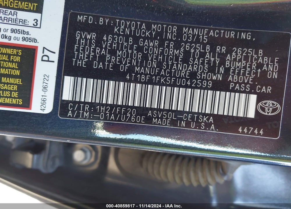 2015 TOYOTA CAMRY SE VIN: 4T1BF1FK5FU042599