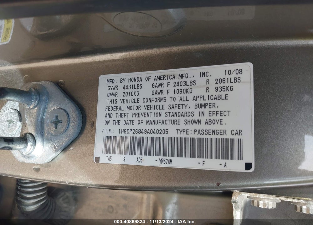 2009 HONDA ACCORD 2.4 EX-L VIN: 1HGCP26849A040205