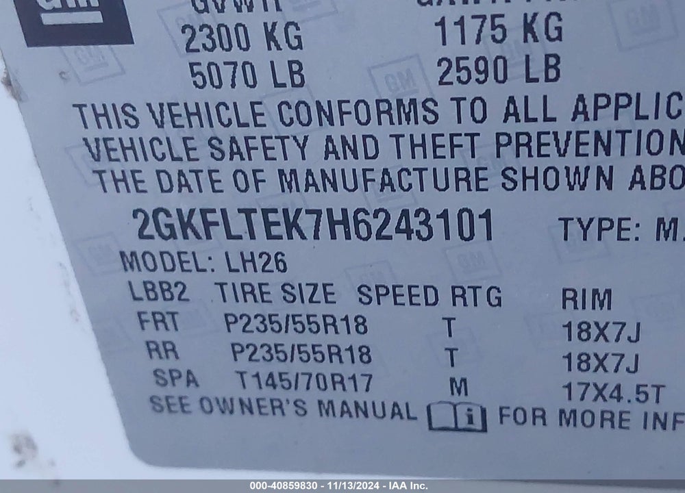 2017 GMC TERRAIN SLE-2 VIN: 2GKFLTEK7H6243101