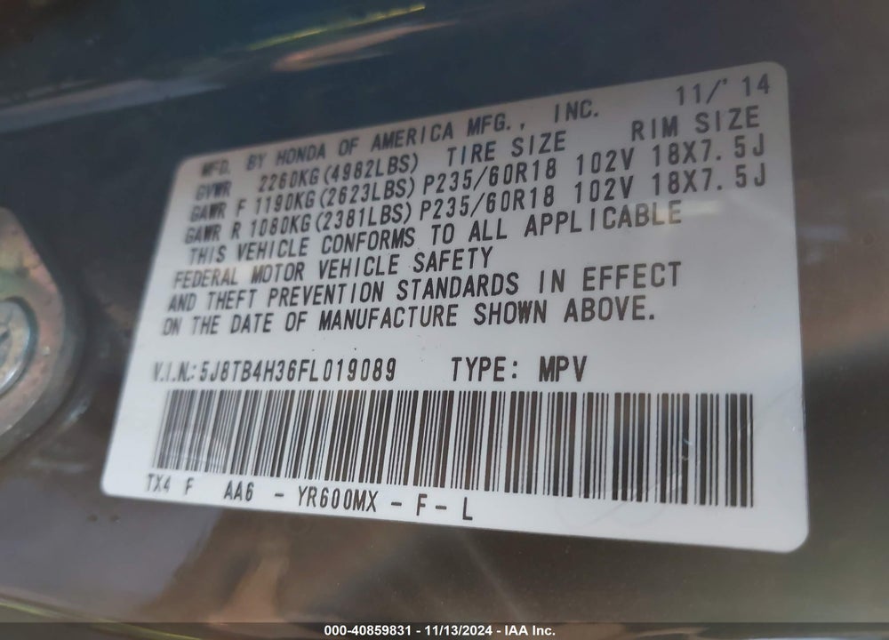 2015 ACURA RDX VIN: 5J8TB4H36FL019089