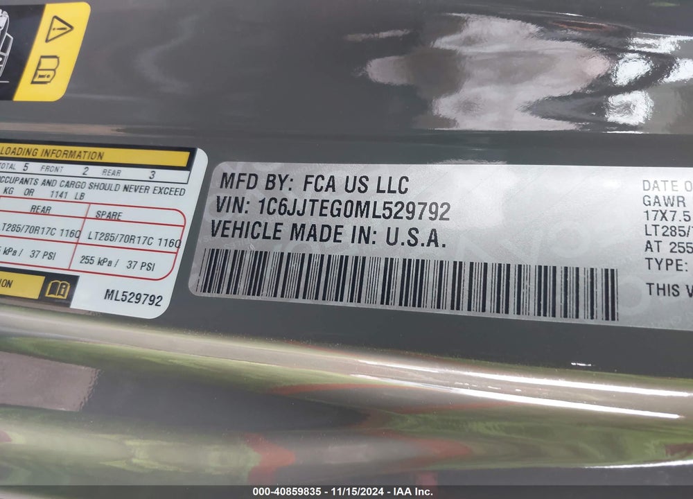2021 JEEP GLADIATOR VIN: 1C6JJTEG0ML529792