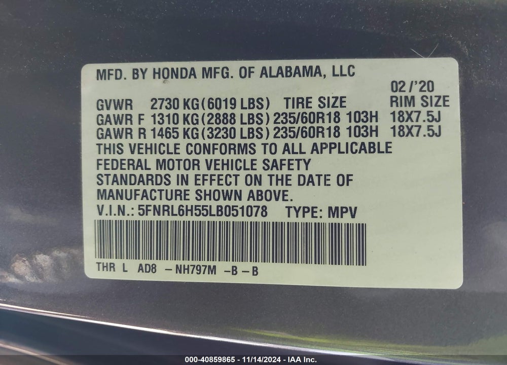 2020 HONDA ODYSSEY EX VIN: 5FNRL6H55LB051078