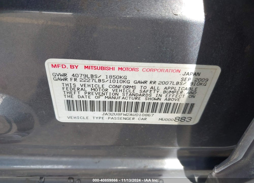 2010 MITSUBISHI LANCER GTS VIN: JA32U8FW2AU010867