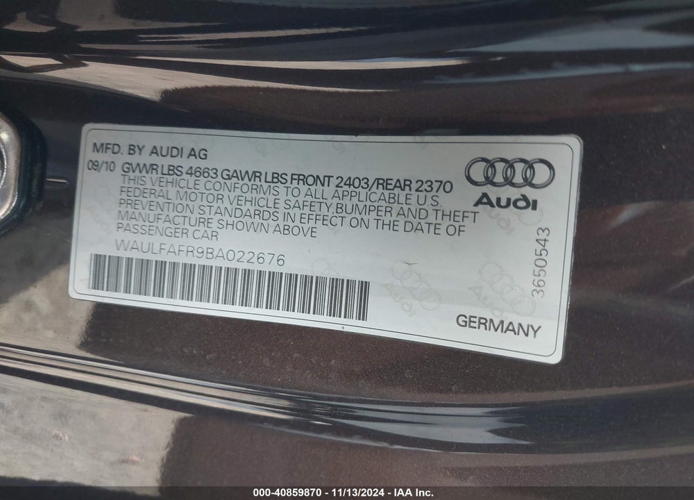 2011 AUDI A5 2.0T PREMIUM VIN: WAULFAFR9BA022676