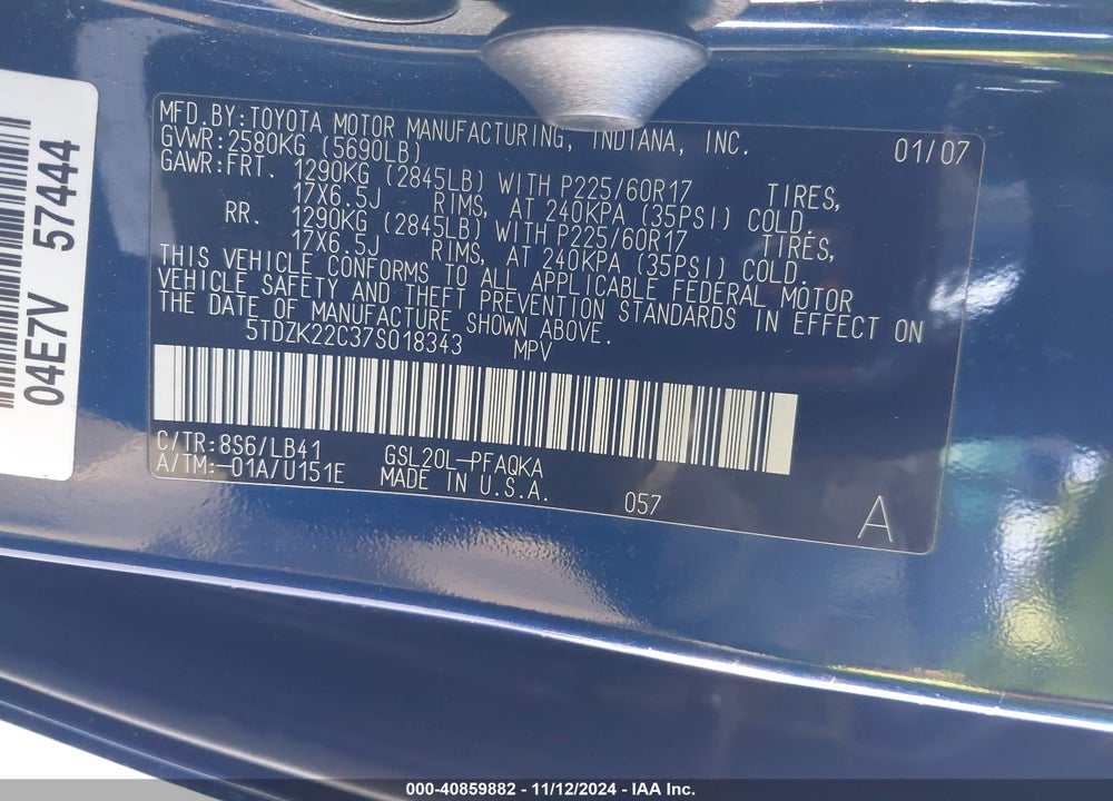 2007 TOYOTA SIENNA XLE LIMITED VIN: 5TDZK22C37S018343