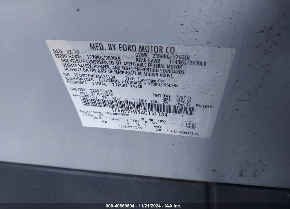 2010 FORD TAURUS SEL VIN: 1FAHP2EW9AG151134