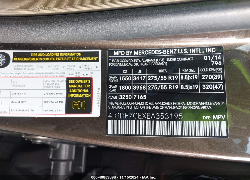 2014 MERCEDES-BENZ GL 450 4MATIC VIN: 4JGDF7CEXEA353195