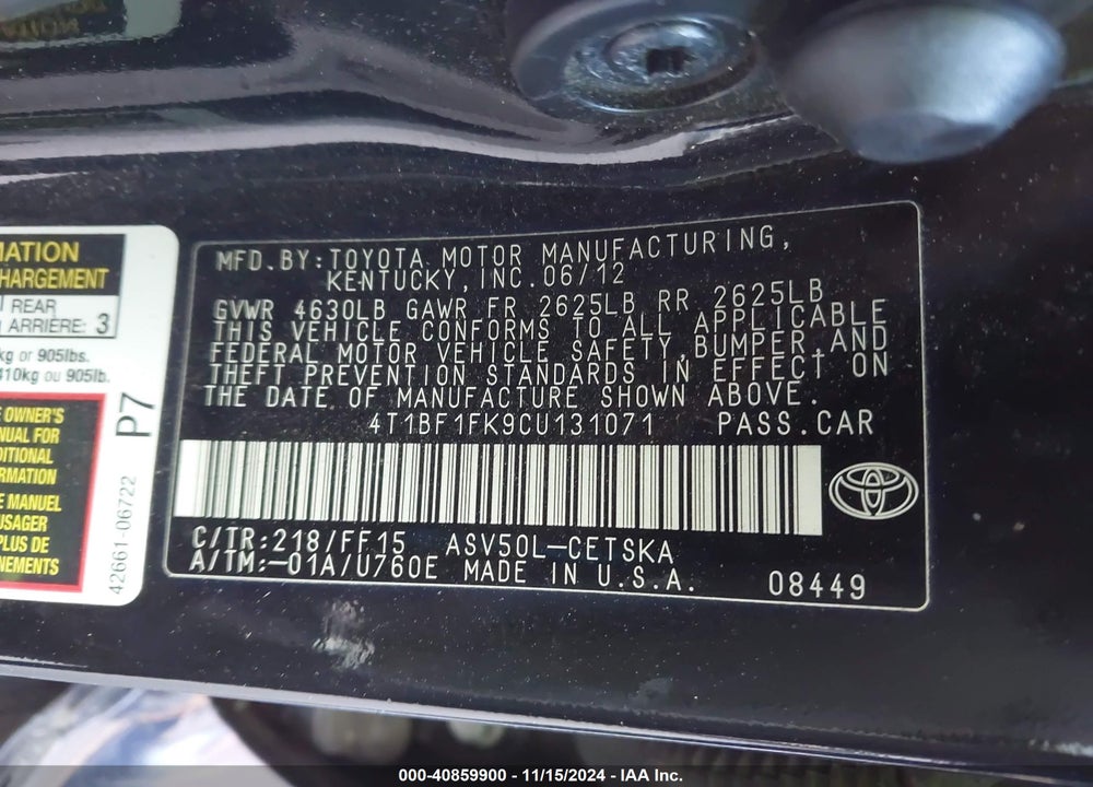 2012 TOYOTA CAMRY VIN: 4T1BF1FK9CU131071
