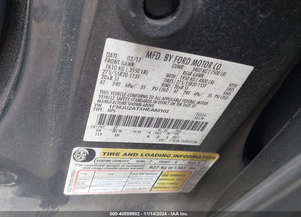 2017 FORD EXPEDITION LIMITED VIN: 1FMJU2ATXHEA60102