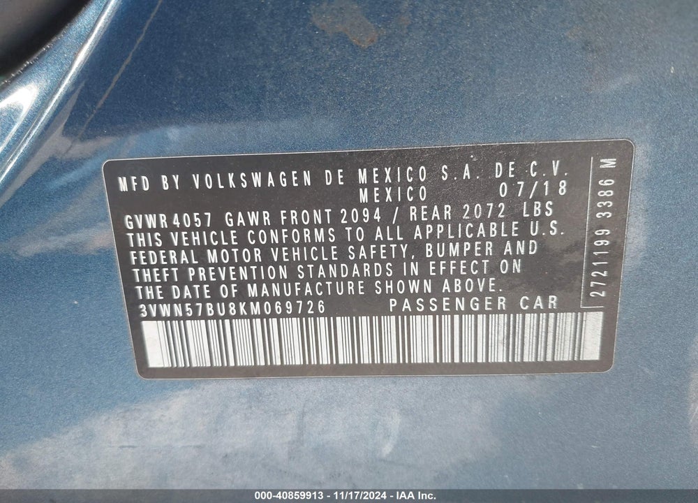 2019 VOLKSWAGEN JETTA 1.4T S VIN: 3VWN57BU8KM069726