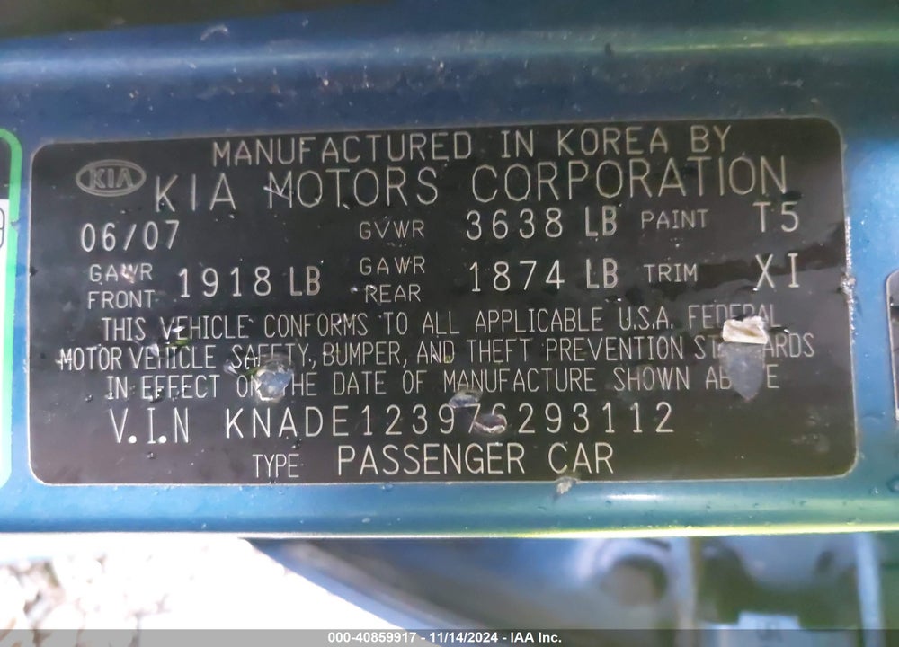 2007 KIA RIO LX VIN: KNADE123976293112