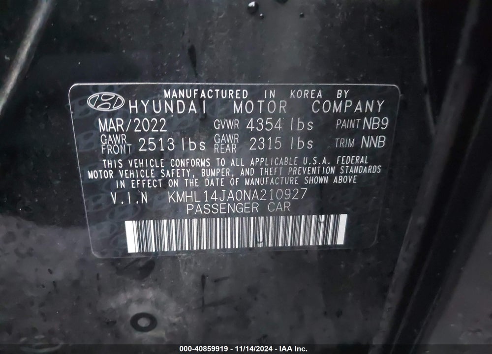2022 HYUNDAI SONATA SEL VIN: KMHL14JA0NA210927