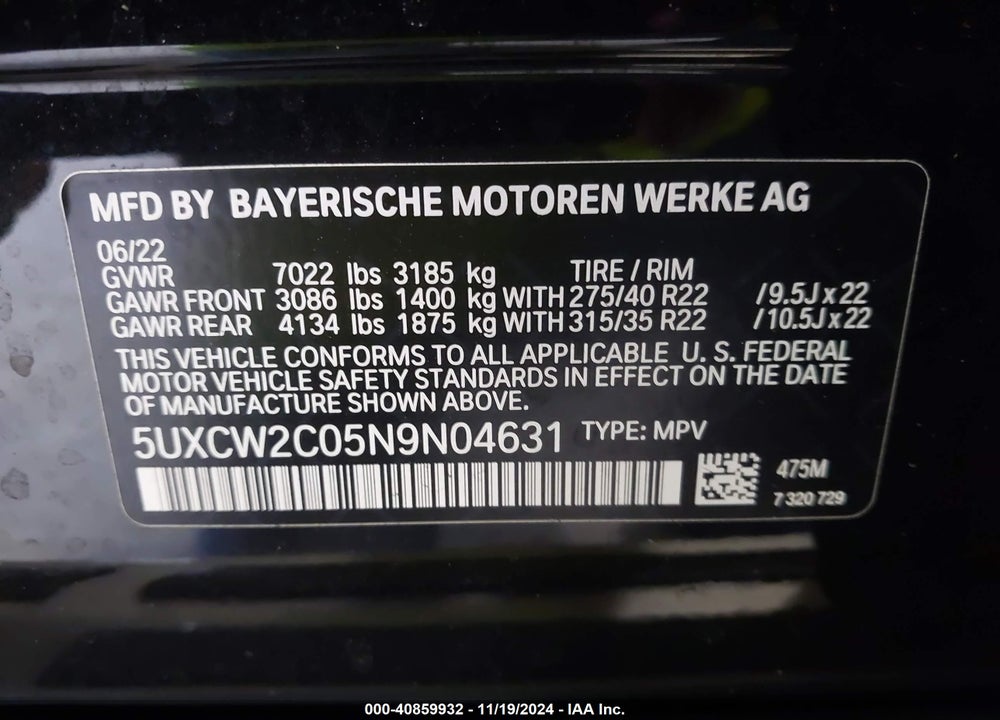 2022 BMW X7 XDRIVE40I VIN: 5UXCW2C05N9N04631