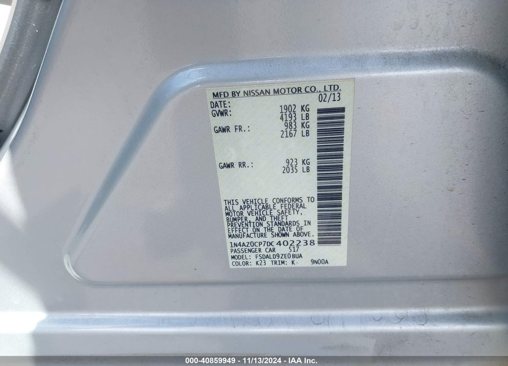2013 NISSAN LEAF SV VIN: 1N4AZ0CP7DC402238