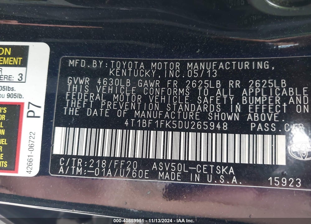 2013 TOYOTA CAMRY SE VIN: 4T1BF1FK5DU265948