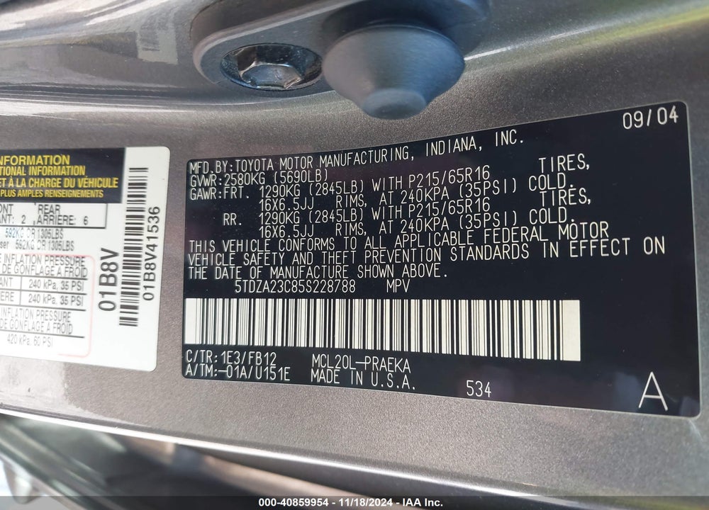 2005 TOYOTA SIENNA LE VIN: 5TDZA23C85S228788