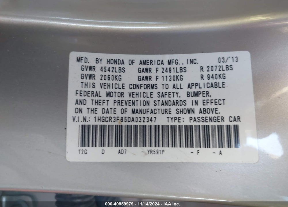 2013 HONDA ACCORD EX-L V-6 VIN: 1HGCR3F85DA032347