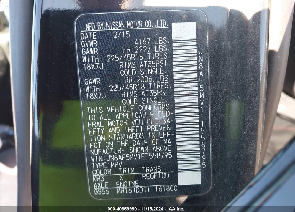 2015 NISSAN JUKE NISMO VIN: JN8AF5MV1FT558795