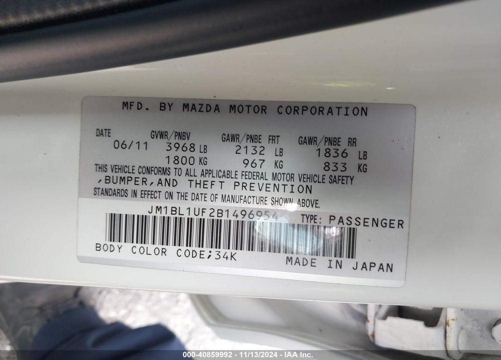 2011 MAZDA 3 I SPORT VIN: JM1BL1UF2B1496954