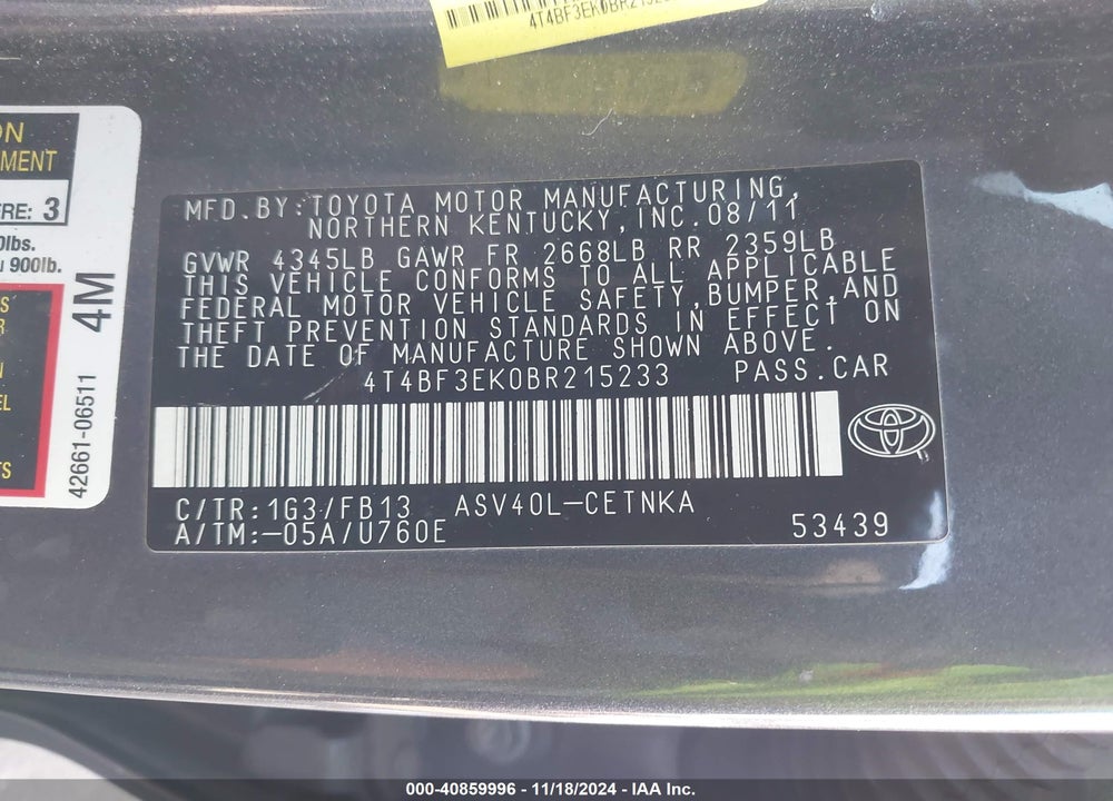 2011 TOYOTA CAMRY LE VIN: 4T4BF3EK0BR215233