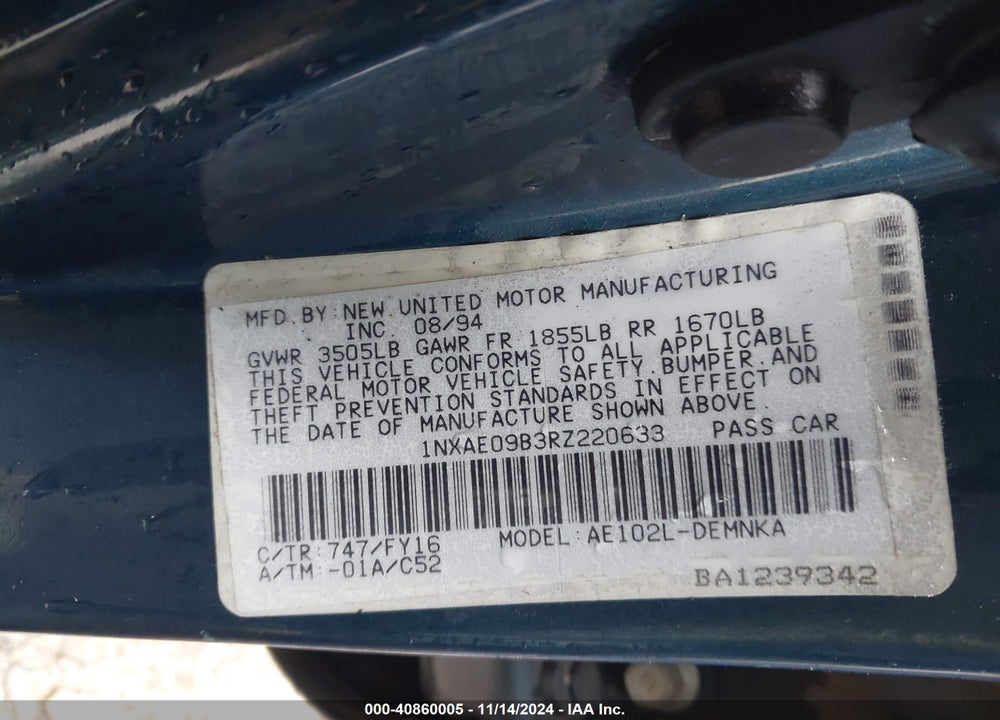1994 TOYOTA COROLLA LE/DX VIN: 1NXAE09B3RZ220633