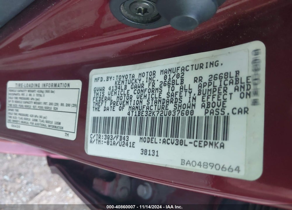 2002 TOYOTA CAMRY LE VIN: 4T1BE32K72U037600