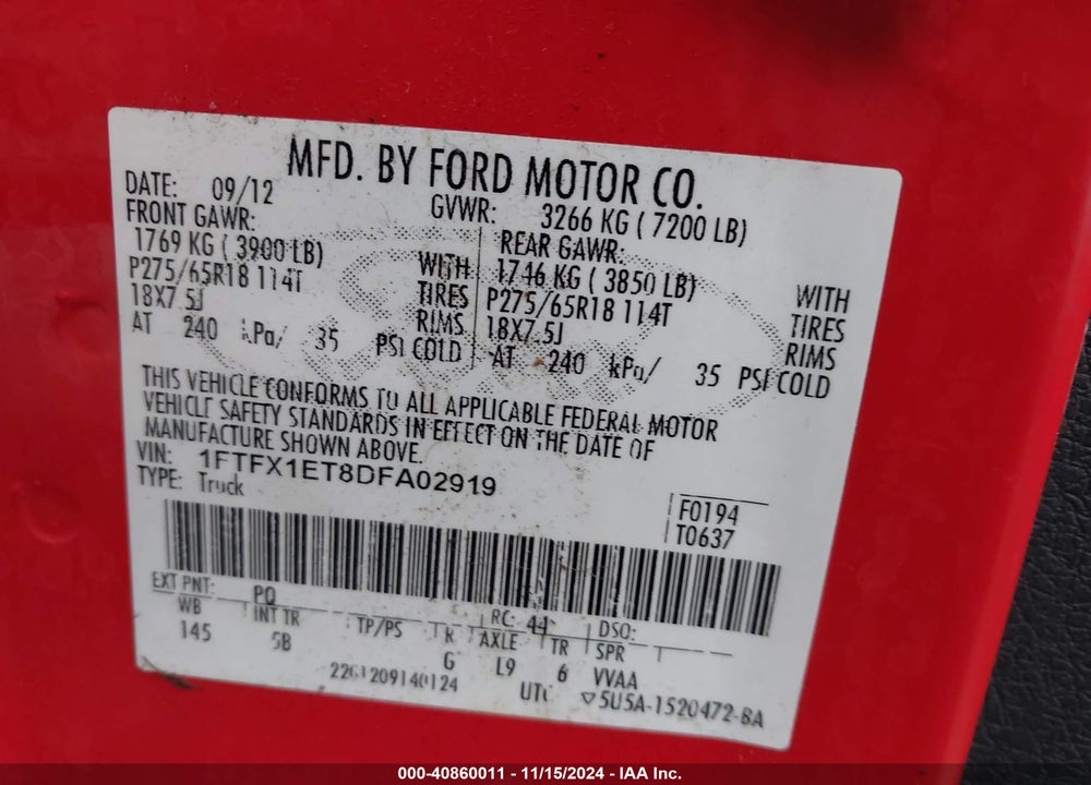 2013 FORD F-150 FX4 VIN: 1FTFX1ET8DFA02919