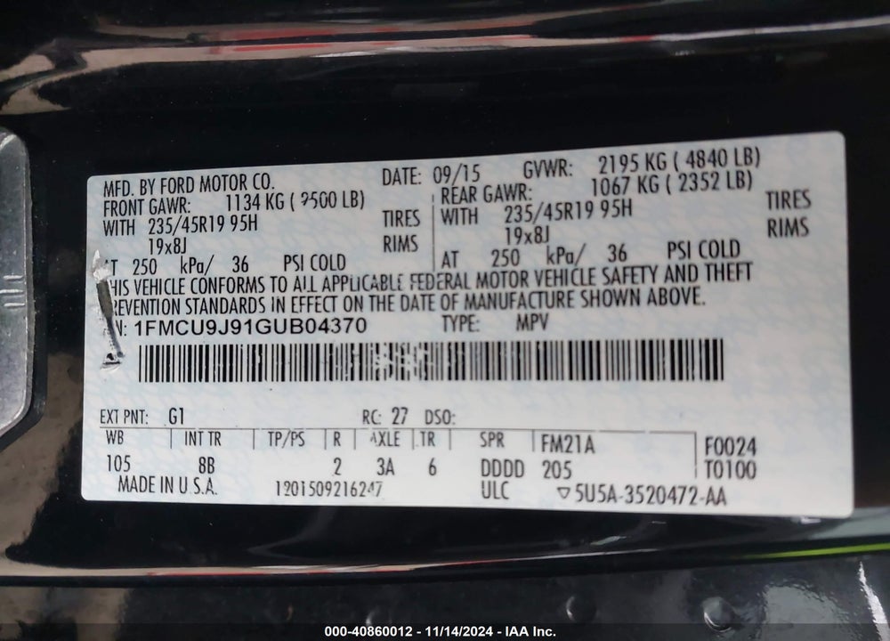 2016 FORD ESCAPE VIN: 1FMCU9J91GUB04370