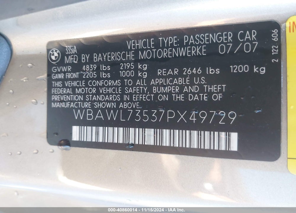 2007 BMW 335I VIN: WBAWL73537PX49729