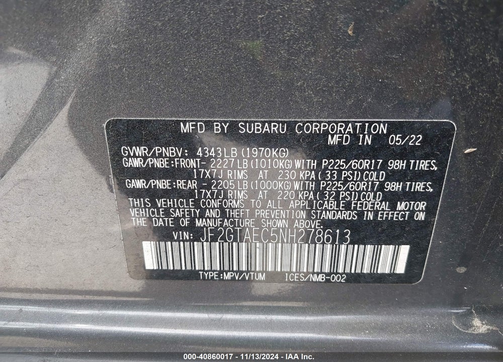 2022 SUBARU CROSSTREK PREMIUM VIN: JF2GTAEC5NH278613